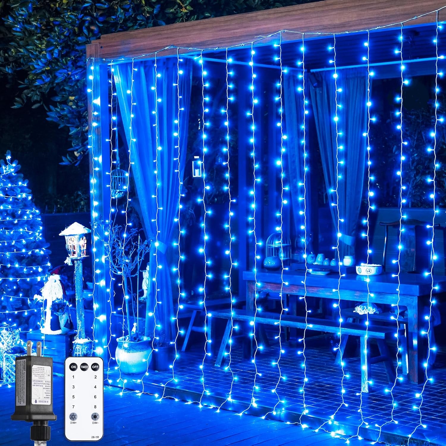 300LED Christmas Curtain Lights, Blue Christmas Lights with Remote, Blue String Lights for Bedroom Wall Window Backdrop Garden Indoor Outdoor Patio Yard Porch Decorations, 9.8X9.8Ft