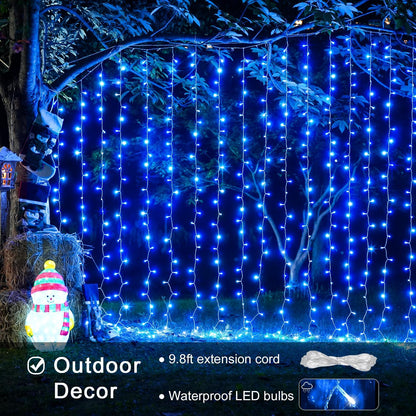 300LED Christmas Curtain Lights, Blue Christmas Lights with Remote, Blue String Lights for Bedroom Wall Window Backdrop Garden Indoor Outdoor Patio Yard Porch Decorations, 9.8X9.8Ft