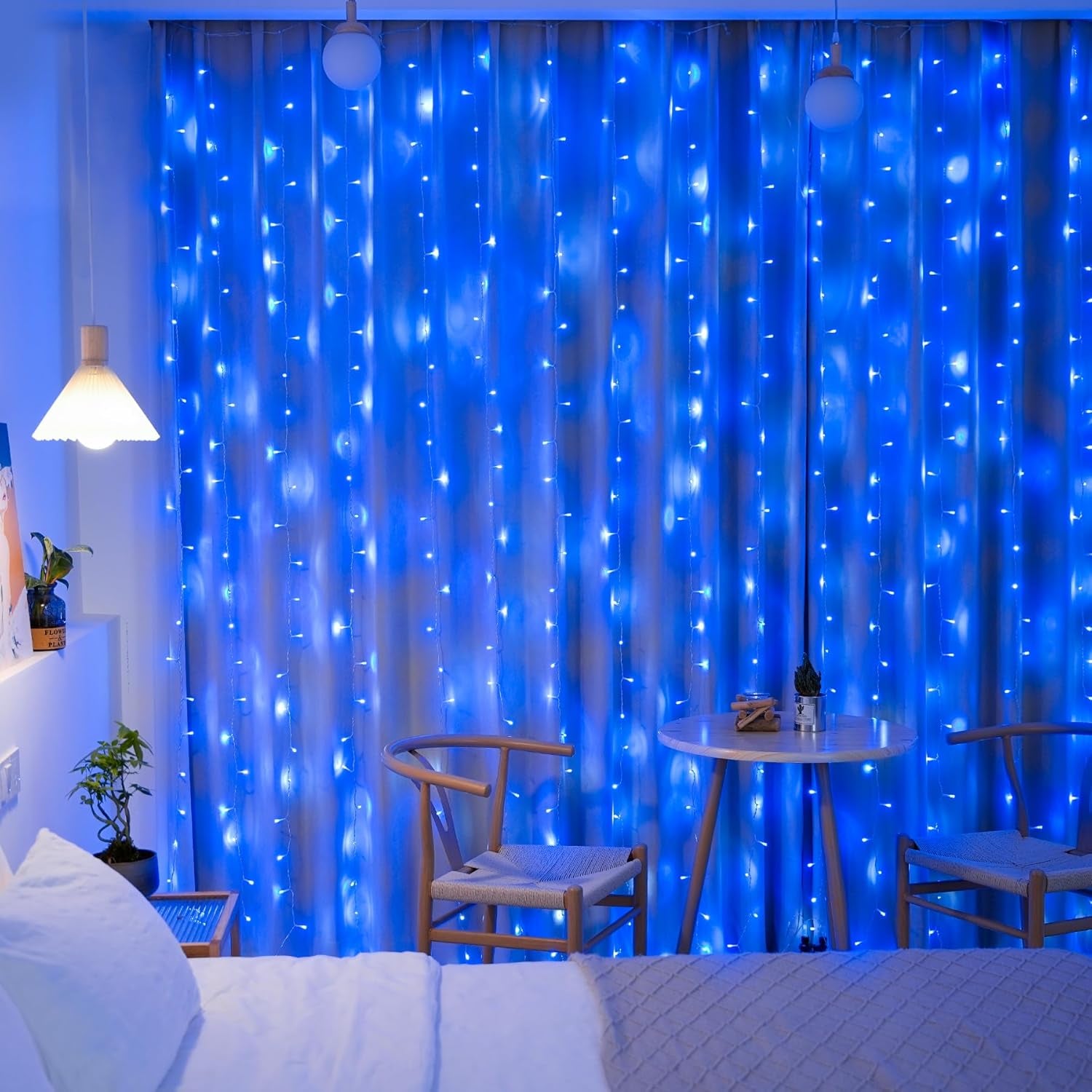 300LED Christmas Curtain Lights, Blue Christmas Lights with Remote, Blue String Lights for Bedroom Wall Window Backdrop Garden Indoor Outdoor Patio Yard Porch Decorations, 9.8X9.8Ft