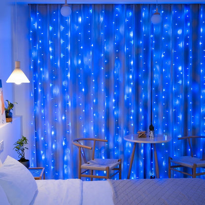 300LED Christmas Curtain Lights, Blue Christmas Lights with Remote, Blue String Lights for Bedroom Wall Window Backdrop Garden Indoor Outdoor Patio Yard Porch Decorations, 9.8X9.8Ft