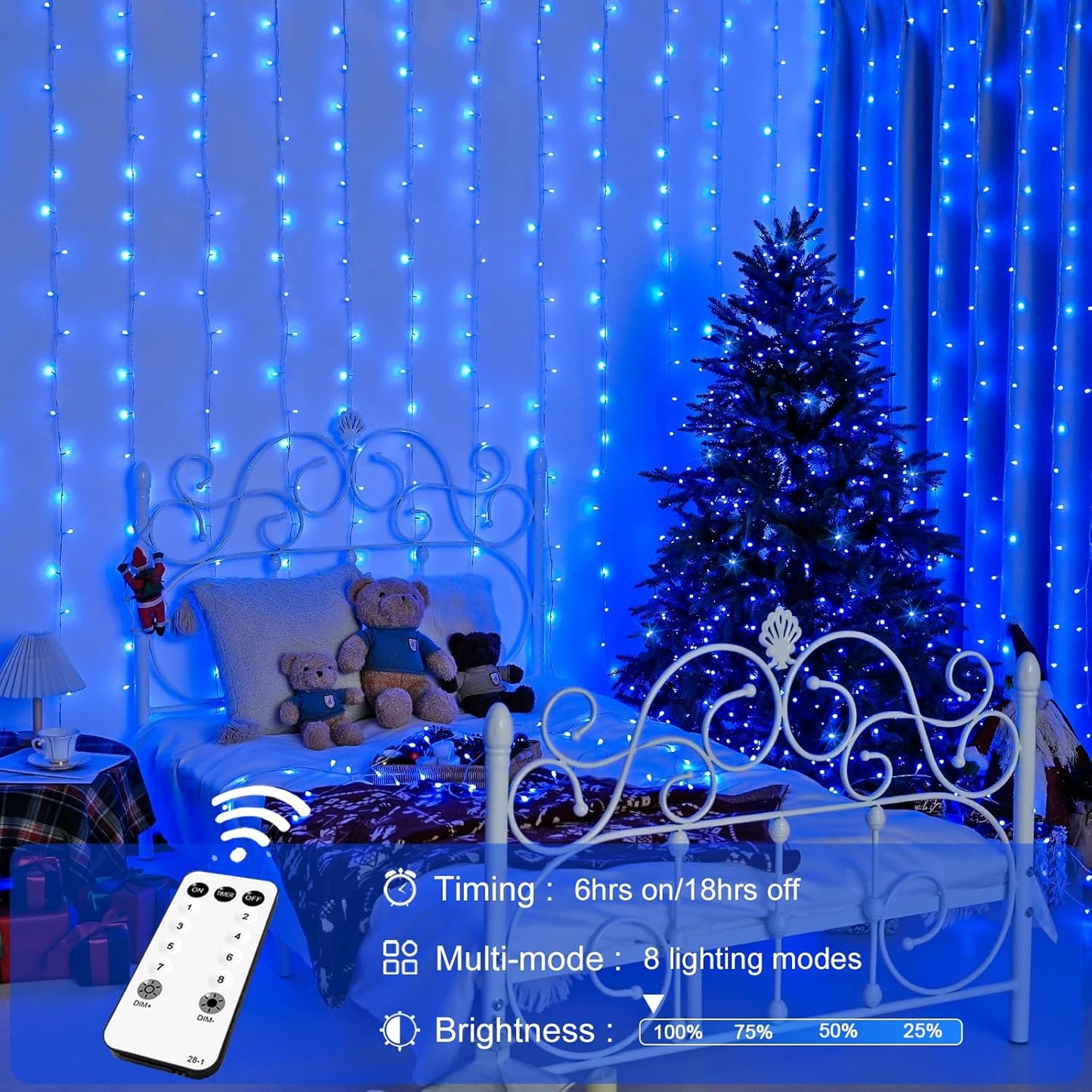 300LED Christmas Curtain Lights, Blue Christmas Lights with Remote, Blue String Lights for Bedroom Wall Window Backdrop Garden Indoor Outdoor Patio Yard Porch Decorations, 9.8X9.8Ft