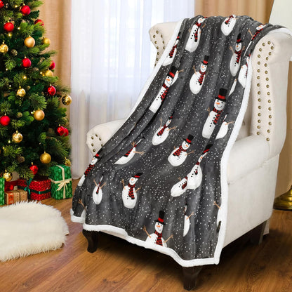 Cozy Christmas Snowman Blanket - Super Soft Sherpa Fleece Throw for Couch & Bed, 50x60 Inch, Warm Grey Holiday Decor
