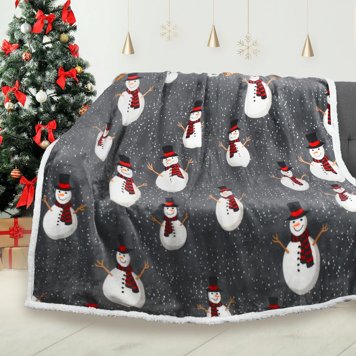 Cozy Christmas Snowman Blanket - Super Soft Sherpa Fleece Throw for Couch & Bed, 50x60 Inch, Warm Grey Holiday Decor